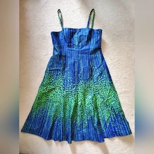 Evan Picone blue green print empire waist spaghetti strap cotton dress 4 vibrant